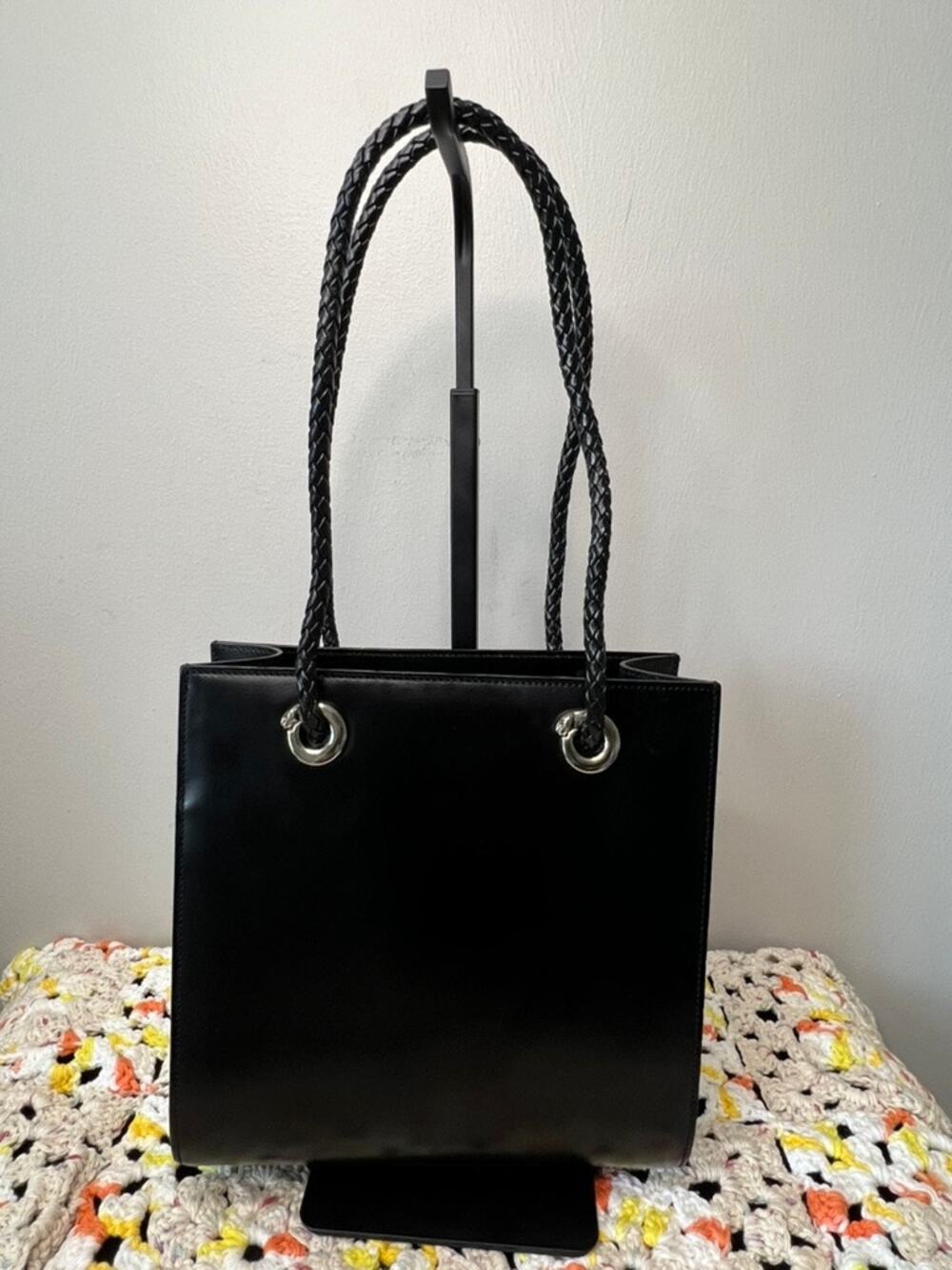 Cartier Panthere Black Leather Braided Handle Tote Shoulder Bag Auth
